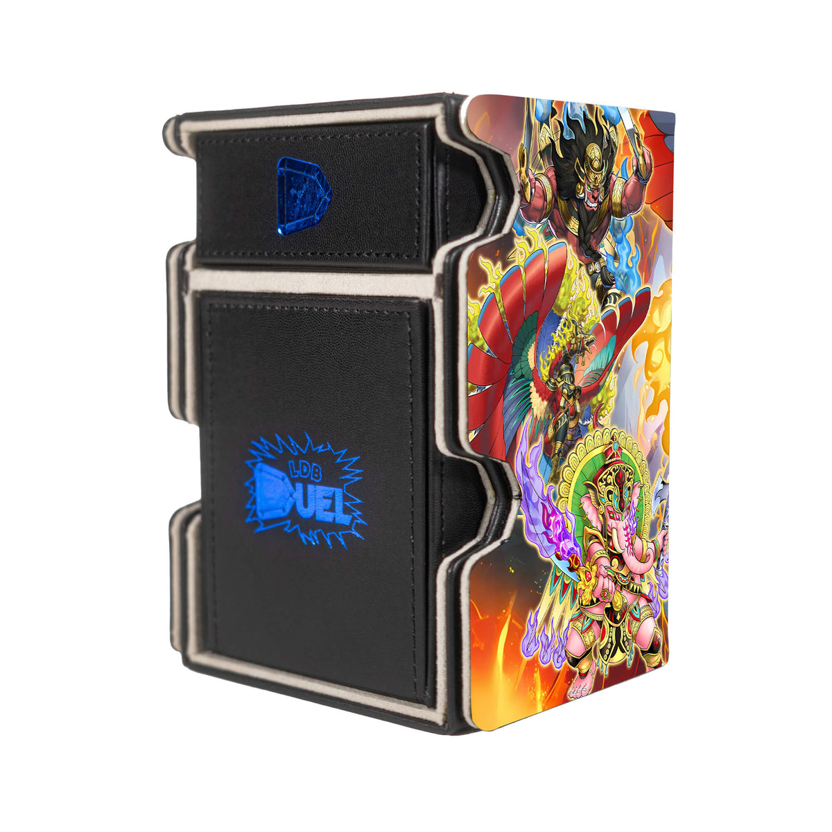 Here is the Right View of the Fire King Archetype Mach 3 Black Deck Box. Garunix-yugioh-deck-tray-dice-tray-LDB-Duel