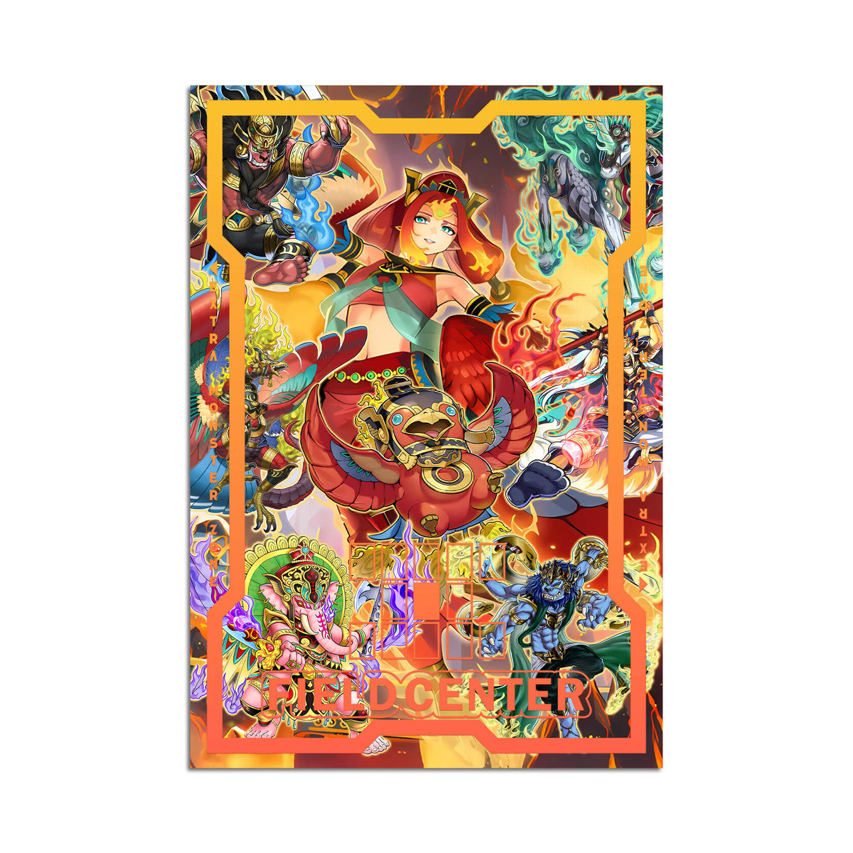 Level up your game with our custom-printed metal field centers, featuring exclusive Fire King Archetype artwork in gold metal. Durable, scratch-resistant, and embossed with the iconic Yu-Gi-Oh! card back, these slim field centers fit perfectly in card sleeves. Garunix-yugioh-mtg-pokemon-metal-card-embossed-design-custom-artwork-duel-accessories-ldb-duel