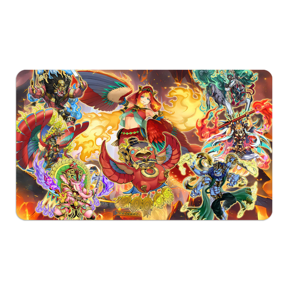 Transform your dueling experience with LDB Duel featuring our exclusive art Fire King Archetype playmat! Featuring a soft cloth top for smooth card movement and a durable rubber back for a secure grip, this 24x14 inch mat is machine washable and safe for cards and sleeves. Yaksha-yugioh-mtg-pokemon-custom-artwork-premium-durable-rubber-ldb-duel