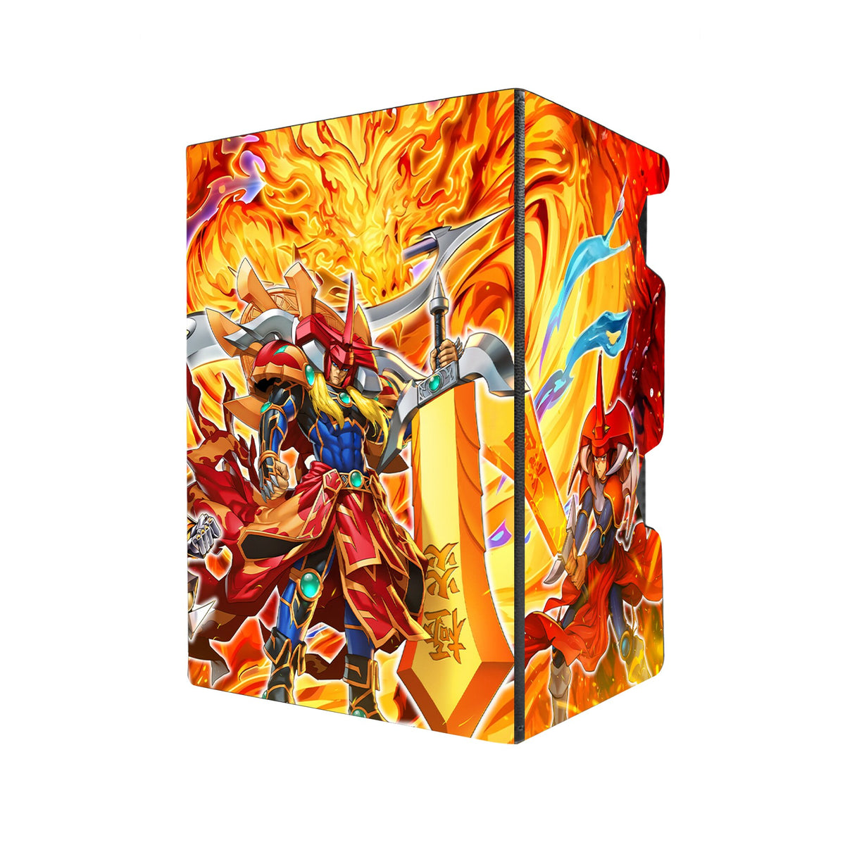 Here's another quality black deck box from LDB Duel featuring our exclusive Flame Master Dragon art. Fits all types of trading card games, including Pokémon, Yu-Gi-Oh! and Magic The Gathering. The perfect card holder for the TCG player safely holds up to 100 double-sleeved cards. EVEN in extra thick sleeves. Comes with a pull-out dice tray. Flame-Swordsman-yugioh-tcg-accessories-card-storage-LDB-Duel