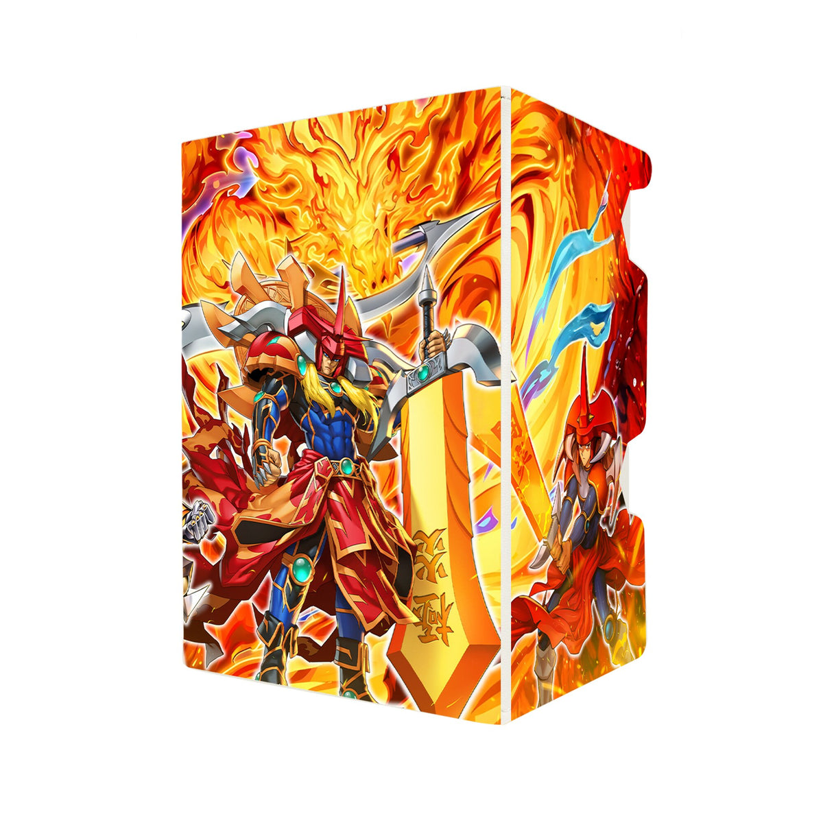 Here's another quality white deck box from LDB Duel featuring our exclusive Flame Master Dragon art. Fits all types of trading card games, including Pokémon, Yu-Gi-Oh! and Magic The Gathering. The perfect card holder for the TCG player safely holds up to 100 double-sleeved cards. EVEN in extra thick sleeves. Comes with a pull-out dice tray. Flame-Swordsman-ygo-magic-digimon-card-protector-gaming-accesories-LDB-Duel