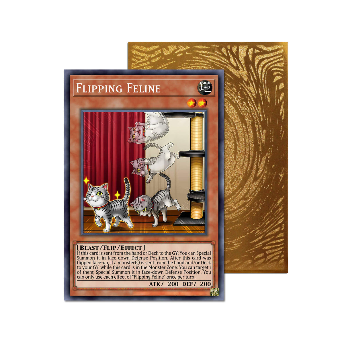 Level up your game with our custom-printed metal orica cards, featuring exclusive Flipping Feline artwork in gold metal. Durable, scratch-resistant, and embossed with the iconic Yu-Gi-Oh! card back, these slim orica cards fit perfectly in card sleeves. Melffy-Catty-yugioh-mtg-pokemon-metal-card-embossed-design-custom-artwork-duel-accessories-ldb-duel