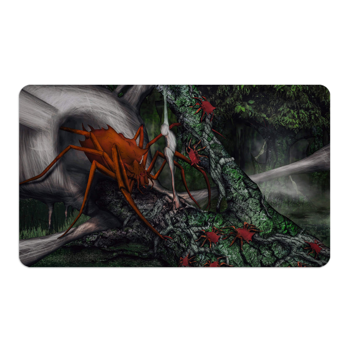 Transform your dueling experience with LDB Duel featuring our exclusive art Forest Spider Creature playmat! Featuring a soft cloth top for smooth card movement and a durable rubber back for a secure grip, this 24x14 inch mat is machine washable and safe for cards and sleeves. Spider-yugioh-mtg-pokemon-custom-artwork-premium-durable-rubber-ldb-duel