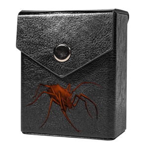 Enhance your TCG storage with the Forest Spider Mach 2 Black deck box, available in options for 60 or 80 single-card sleeves. Sold by LDB Duel. Crafted from durable faux leather, it includes a built-in belt loop, a strong magnetic snap, and showcases our exclusive Forest Spider design—ideal for TCG enthusiasts on the move! spider-yugioh-mtg-pokemon-tcg-accessories-card-storage-LDB-Duel-black