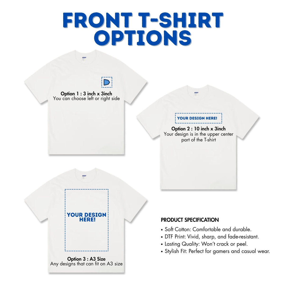LDB Duel presents custom front T-shirt printing with three options: a small 3x3 inch chest design, a wide 10x3 inch chest print, or a bold A3-sized full front design. Made from soft cotton and printed with durable DTF technology, these shirts offer vibrant colors, lasting quality, and a stylish fit—ideal for gamers and casual wear.
