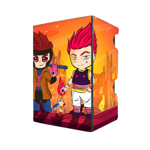 Here's another quality black deck box from LDB Duel featuring our exclusive Gambit X Hisoka art. Fits all types of trading card games, including Pokémon, Yu-Gi-Oh! and Magic The Gathering. The perfect card holder for the TCG player safely holds up to 100 double-sleeved cards. EVEN in extra thick sleeves. Comes with a pull-out dice tray. Card-yugioh-mtg-pokemon-tcg-accessories-card-storage-LDB-Duel