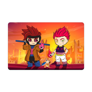 Transform your dueling experience with our original art Gambit X Hisoka playmat! Featuring a soft cloth top for smooth card movement and a durable rubber back for a secure grip, this 24x14 inch mat is machine washable and safe for cards and sleeves. Card-yugioh-mtg-pokemon-custom-artwork-premium-durable-rubber-ldb-duel