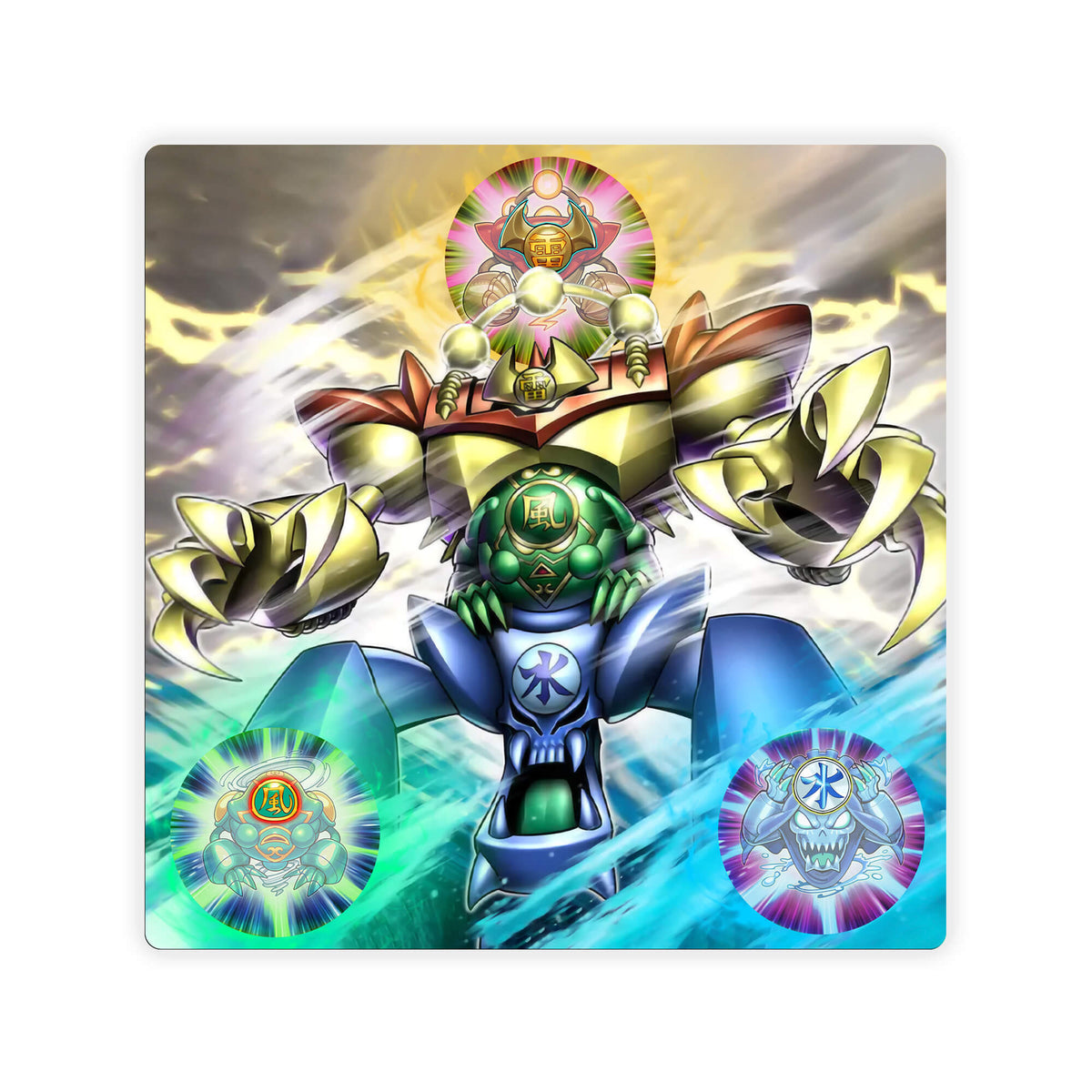 Upgrade your dueling game with LDB Duel featuring our exclusive Gate Guardians Combined double mat! Designed with a premium cloth surface for effortless card handling and a sturdy rubber base for maximum stability, this 24x24 inch mat offers both style and practicality. It's card and sleeve-friendly, plus machine washable for easy upkeep! Kazejin-yugioh-mtg-pokemon-custom-artwork-premium-durable-rubber-ldb-duel 