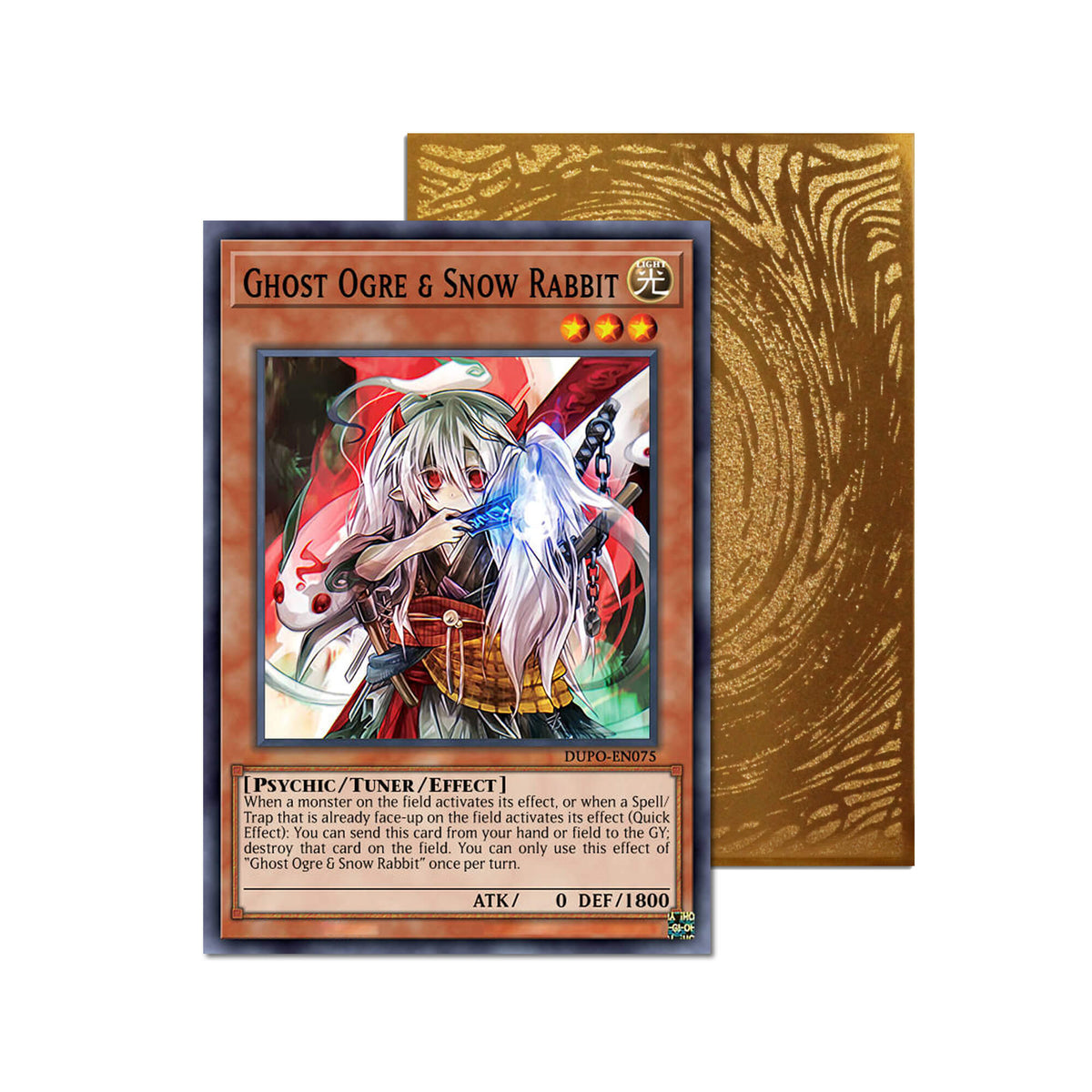 Level up your game with our custom-printed metal orica cards, featuring exclusive Ghost Ogre & Snow Rabbit artwork in gold metal. Durable, scratch-resistant, and embossed with the iconic Yu-Gi-Oh! card back, these slim orica cards fit perfectly in card sleeves. Spirit-Hunter-yugioh-mtg-pokemon-metal-card-embossed-design-custom-artwork-duel-accessories-ldb-duel