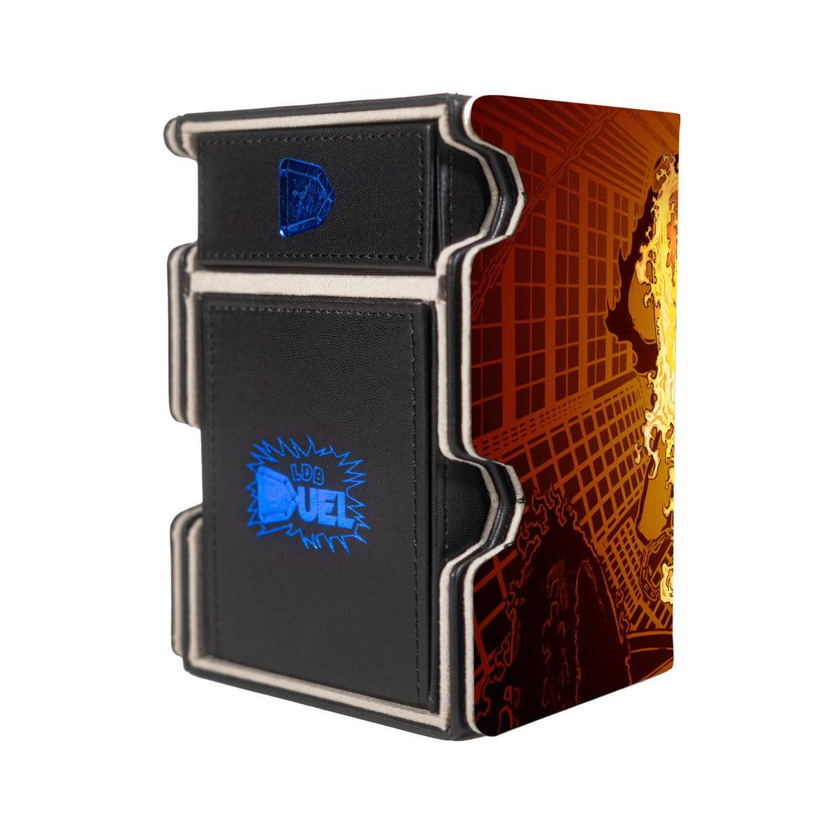Here is the Right View of the Ghost Rider, Spirit of Vengeance Mach 3 Black Deck Box. Immortality-mtg-deck-tray-dice-tray-LDB-Duel