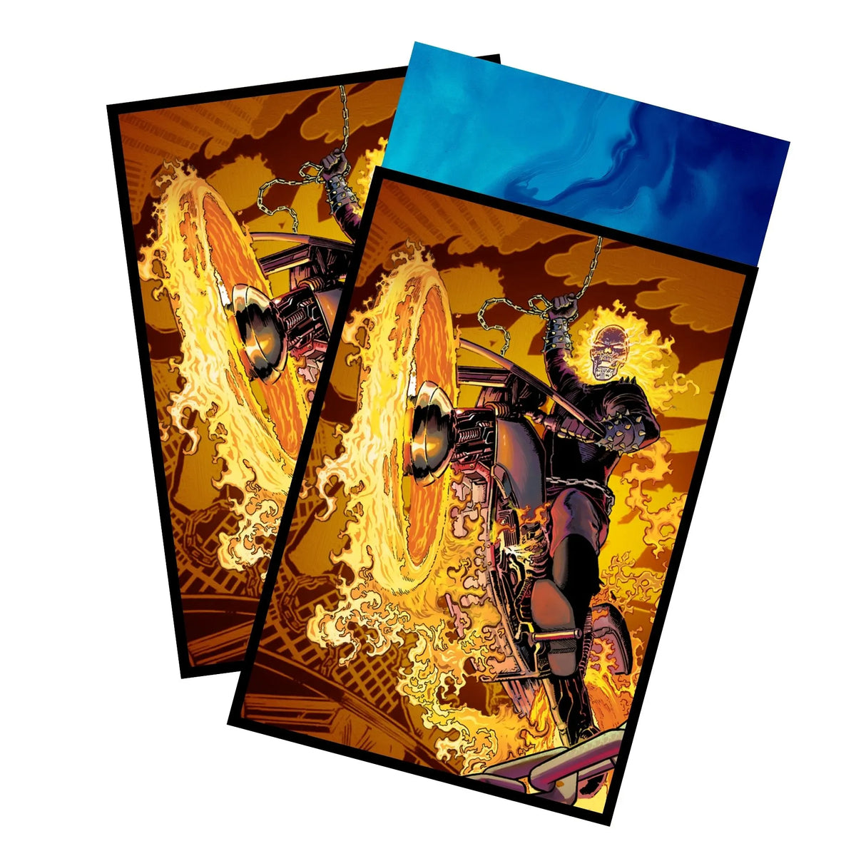 Enhance your cards with our elegant black border card sleeves, featuring a sleek, sophisticated design for a bold, modern aesthetic. From LDB Duel. Perfect for showcasing your collection, these sleeves are printed with our exclusive Ghost Rider, Spirit of Vengeance design. Johnny-Blaze-mtg-card-protection-standard-japanese-dragon-shield-LDB-Duel-black
