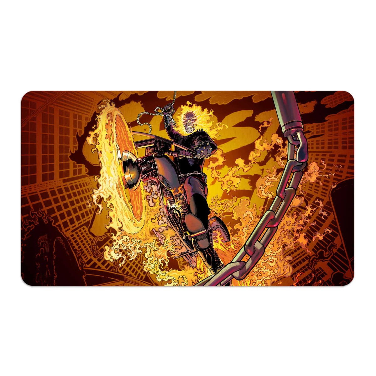 Transform your dueling experience with LDB Duel featuring our exclusive art Ghost Rider, Spirit of Vengeance playmat! Featuring a soft cloth top for smooth card movement and a durable rubber back for a secure grip, this 24x14 inch mat is machine washable and safe for cards and sleeves. Flame-head-mtg-custom-artwork-premium-durable-rubber-ldb-duel