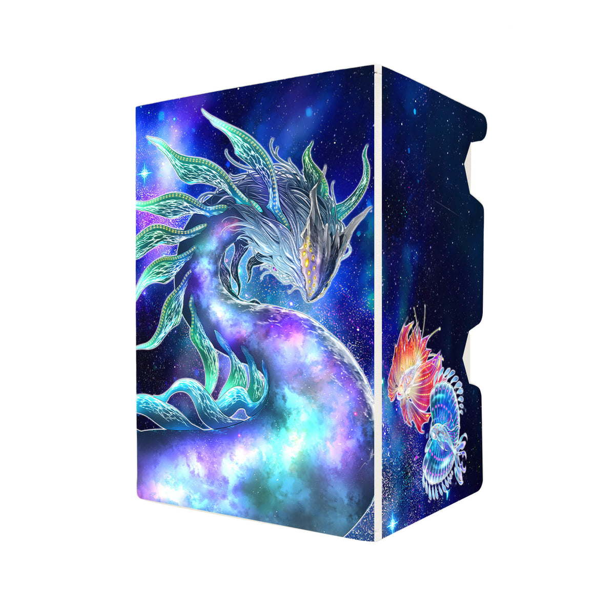 Here's another quality white deck box from LDB Duel featuring our exclusive Ghoti of the Deep Beyond art. Fits all types of trading card games, including Pokémon, Yu-Gi-Oh! and Magic The Gathering. The perfect card holder for the TCG player safely holds up to 100 double-sleeved cards. EVEN in extra thick sleeves. Comes with a pull-out dice tray. Askaan-ygo-magic-digimon-card-protector-gaming-accesories-LDB-Duel