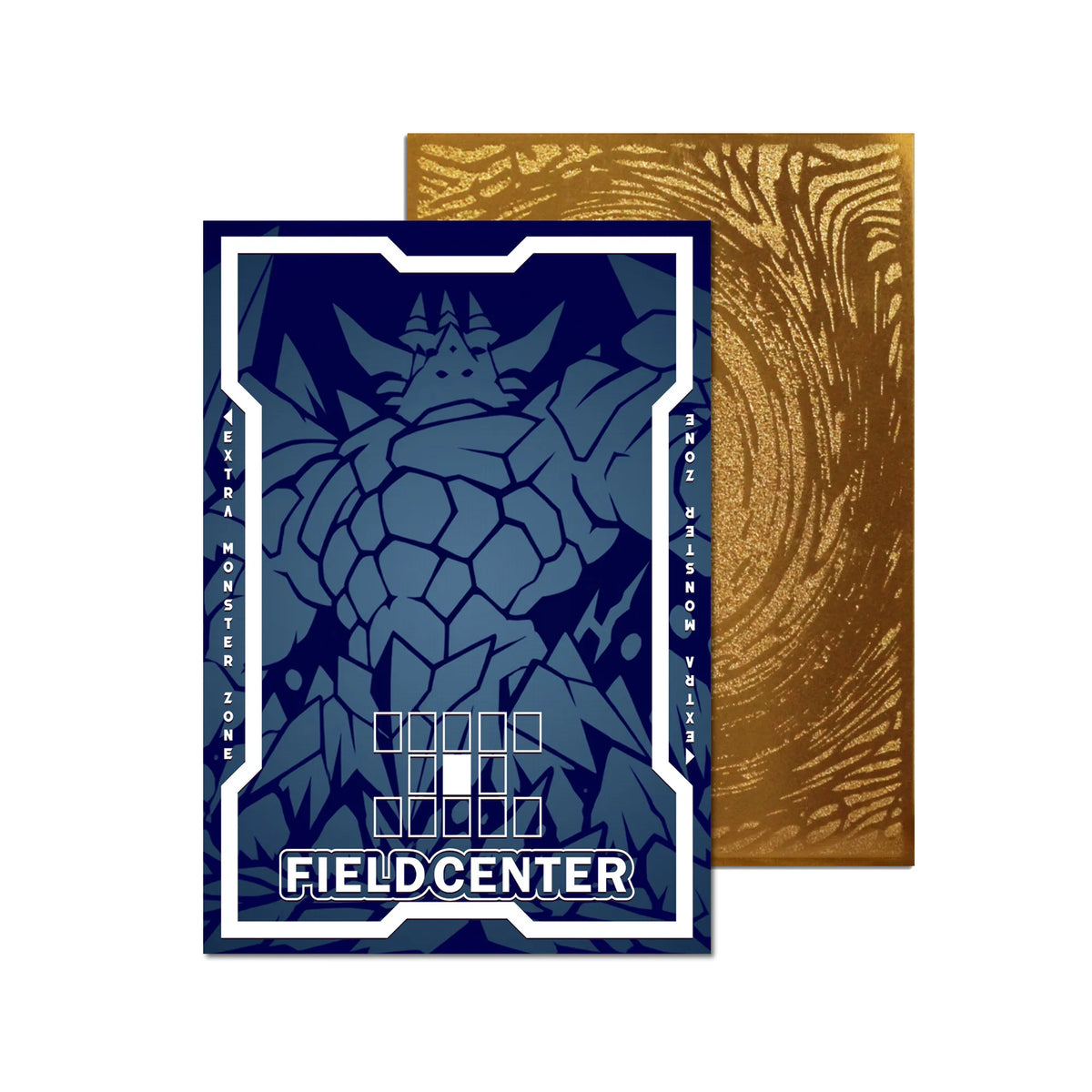 Level up your game with our custom-printed metal field centers, featuring exclusive Giant God Soldier artwork in gold metal. Durable, scratch-resistant, and embossed with the iconic Yu-Gi-Oh! card back, these slim field centers fit perfectly in card sleeves. Egyptian-God-yugioh-metal-card-embossed-design-custom-artwork-duel-accessories-ldb-duel