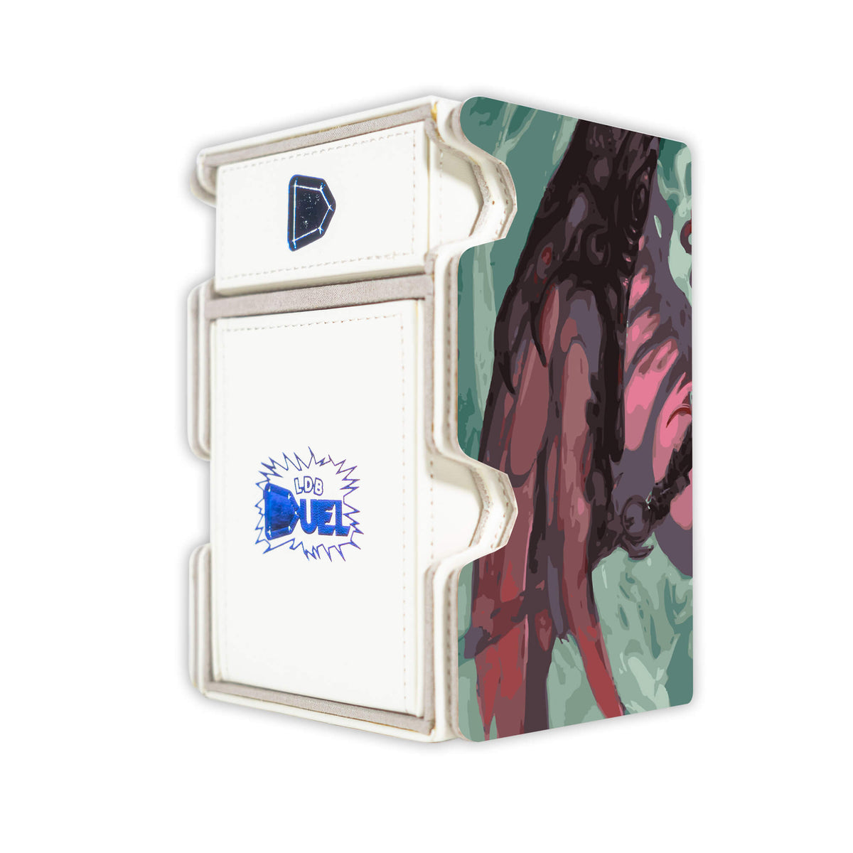 Here is the Right View of the Gisela, the Broken Blade Mach 3 White Deck Box. Human-Warlock-mtg-deck-tray-dice-tray-LDB-Duel