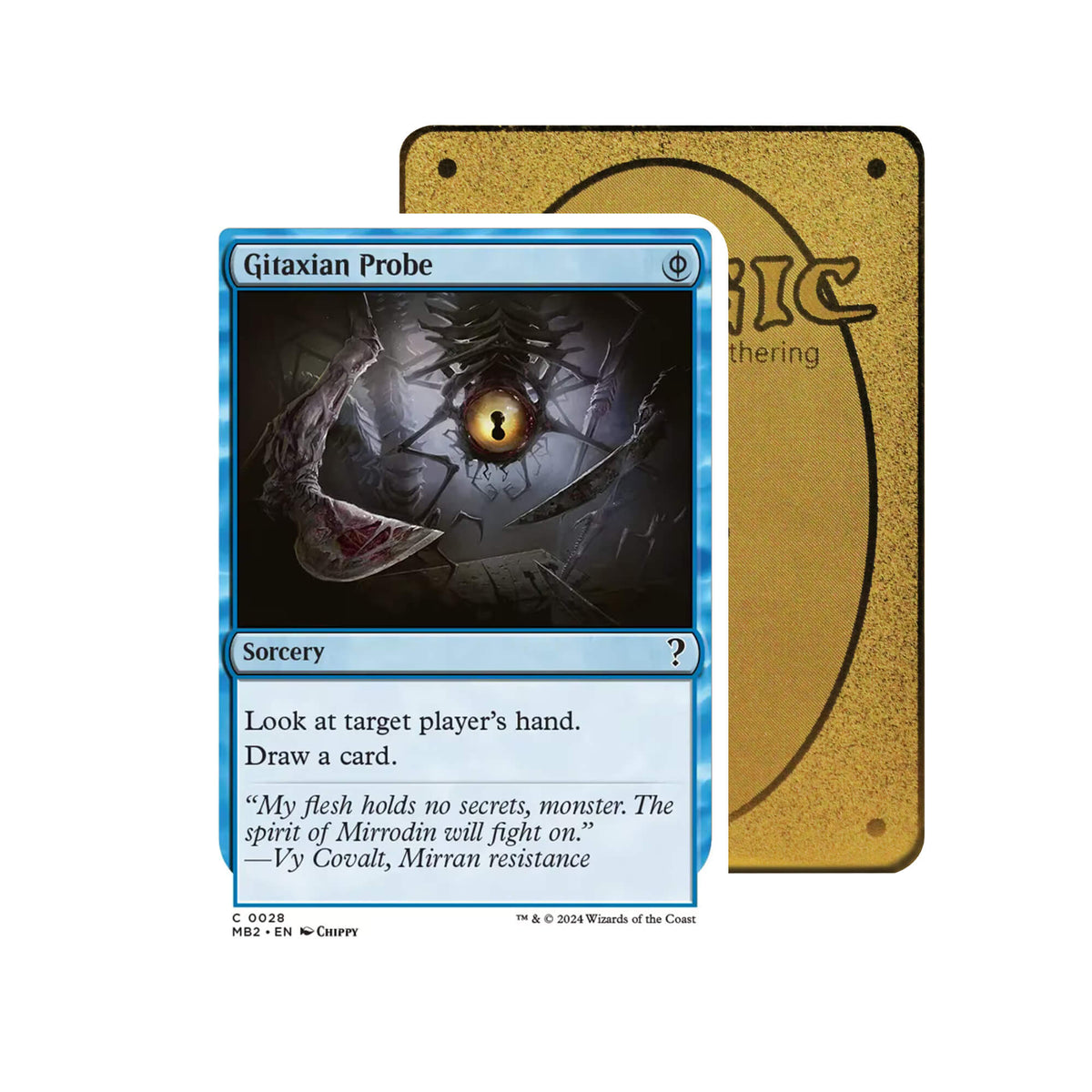 Level up your game with our custom-printed metal orica cards, featuring exclusive Gitaxian Probe artwork in gold metal. Durable, scratch-resistant, and embossed with the iconic Yu-Gi-Oh! card back, these slim orica cards fit perfectly in card sleeves. Spellslinger-mtg-yugioh-pokemon-metal-card-embossed-design-custom-artwork-duel-accessories-ldb-duel