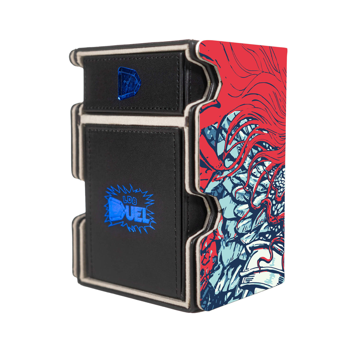 Here is the Right View of the Glimpse the Impossible Mach 3 Black Deck Box. Sorcery-mtg-deck-tray-dice-tray-LDB-Duel