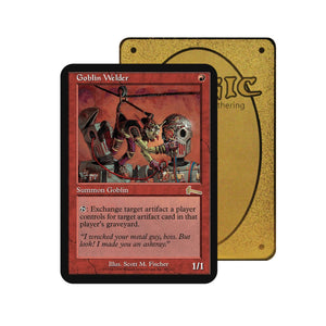 Level up your game with our custom-printed metal orica cards, featuring exclusive Goblin Welder artwork in gold metal. Durable, scratch-resistant, and embossed with the iconic Yu-Gi-Oh! card back, these slim orica cards fit perfectly in card sleeves. Summon-Goblin-mtg-yugioh-pokemon-metal-card-embossed-design-custom-artwork-duel-accessories-ldb-duel