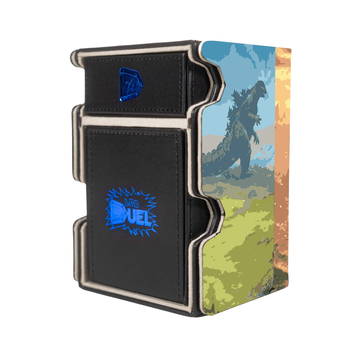 Here is the Right View of the Godzilla Lands Mach 3 Black Deck Box. King-Monsters-mtg-deck-tray-dice-tray-LDB-Duel