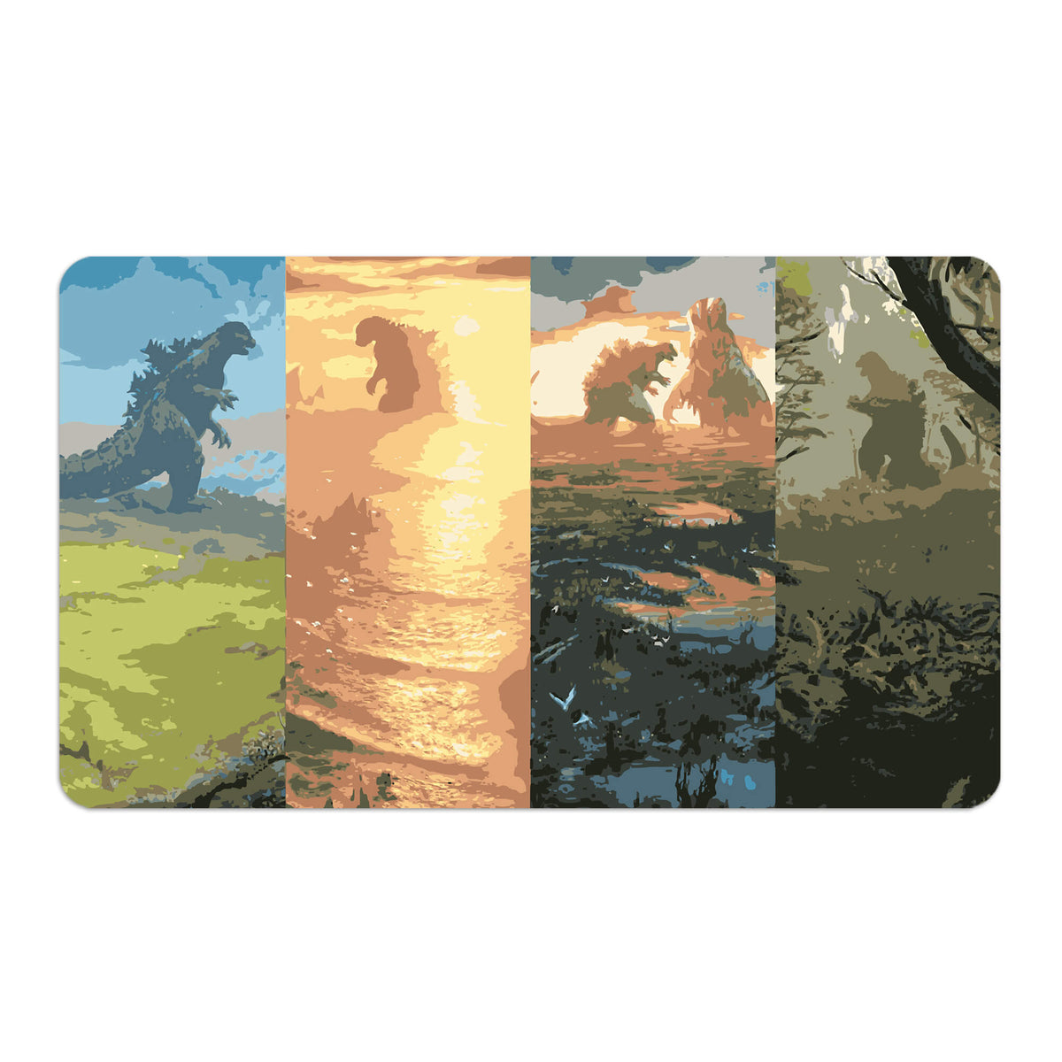 Transform your dueling experience with LDB Duel featuring our exclusive art Godzilla Lands playmat! Featuring a soft cloth top for smooth card movement and a durable rubber back for a secure grip, this 24x14 inch mat is machine washable and safe for cards and sleeves. Godzilla-mtg-custom-artwork-premium-durable-rubber-ldb-duel