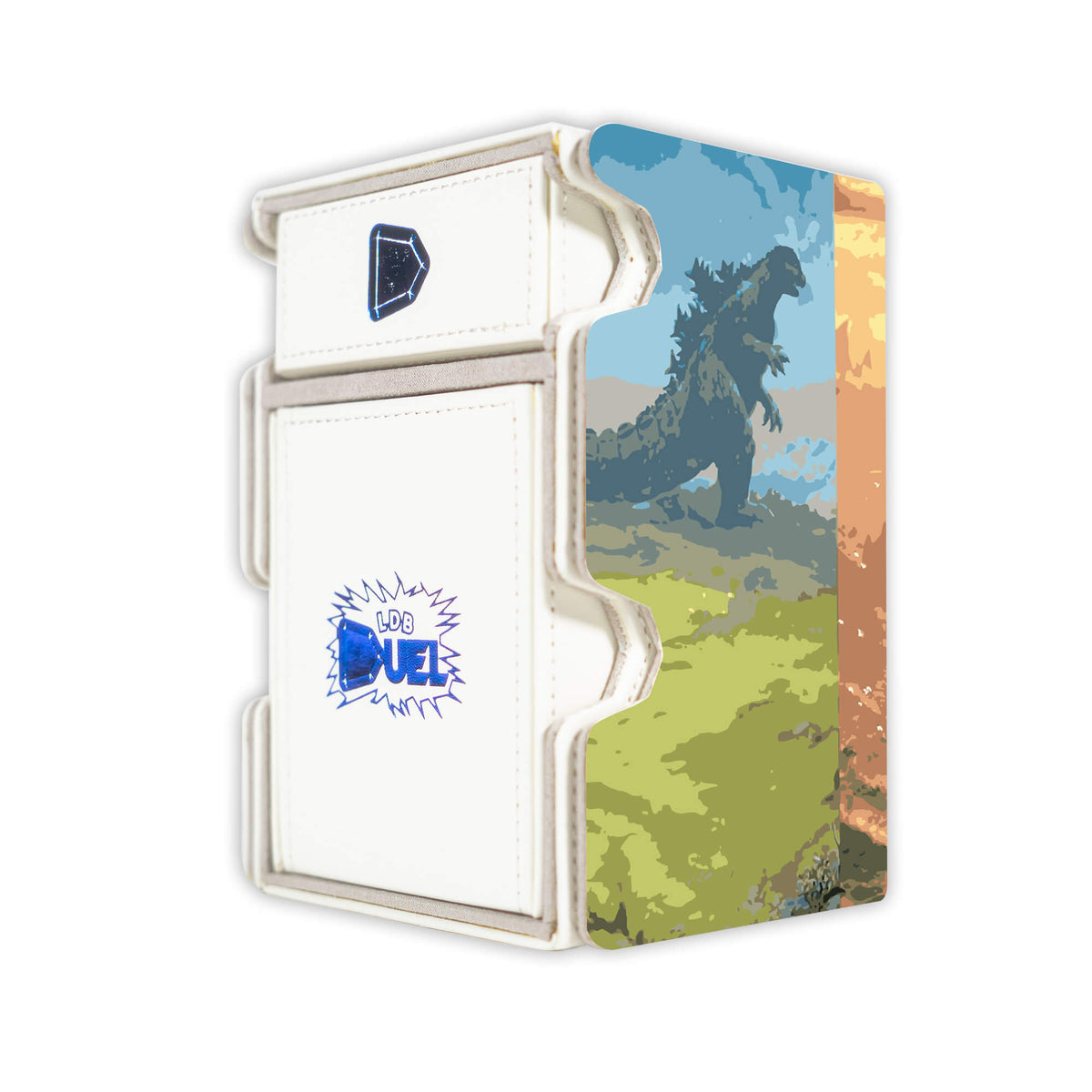 Here is the Right View of the Godzilla Lands Mach 3 White Deck Box. Secret-Lair-mtg-deck-tray-dice-tray-LDB-Duel