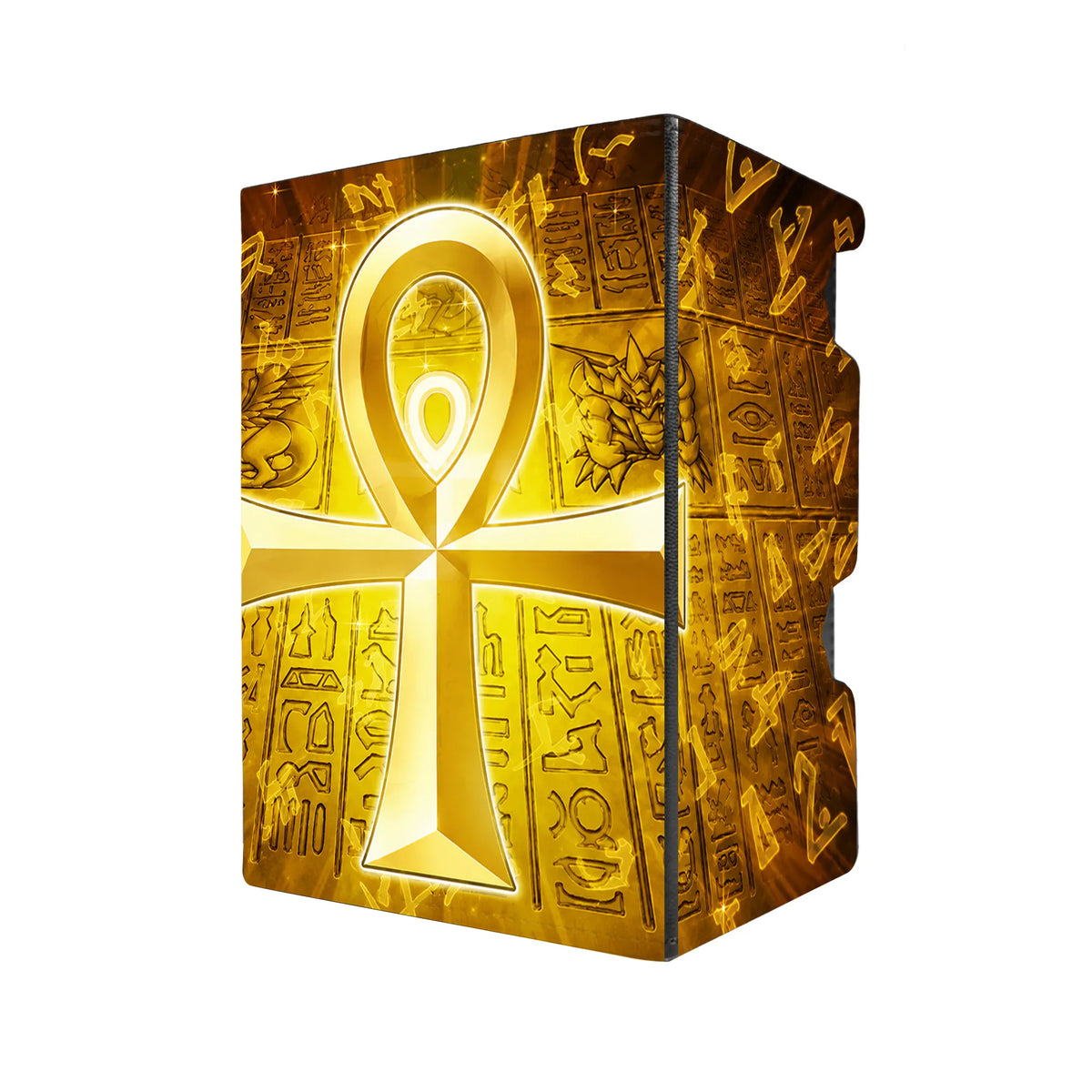 Here's another quality black deck box from LDB Duel featuring our exclusive Golden Ankh art. Fits all types of trading card games, including Pokémon, Yu-Gi-Oh! and Magic The Gathering. The perfect card holder for the TCG player safely holds up to 100 double-sleeved cards. EVEN in extra thick sleeves. Comes with a pull-out dice tray. Ankh-yugioh-tcg-accessories-card-storage-LDB-Duel