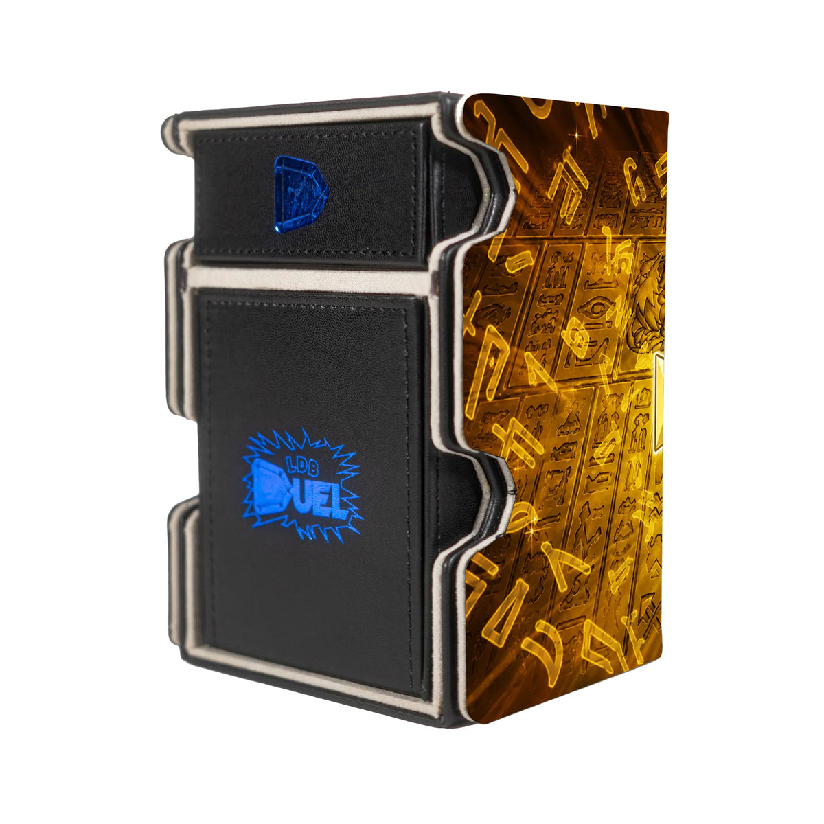 Here is the Right View of the Golden Ankh Mach 3 Black Deck Box. Egyptian-yugioh-deck-tray-dice-tray-LDB-Duel