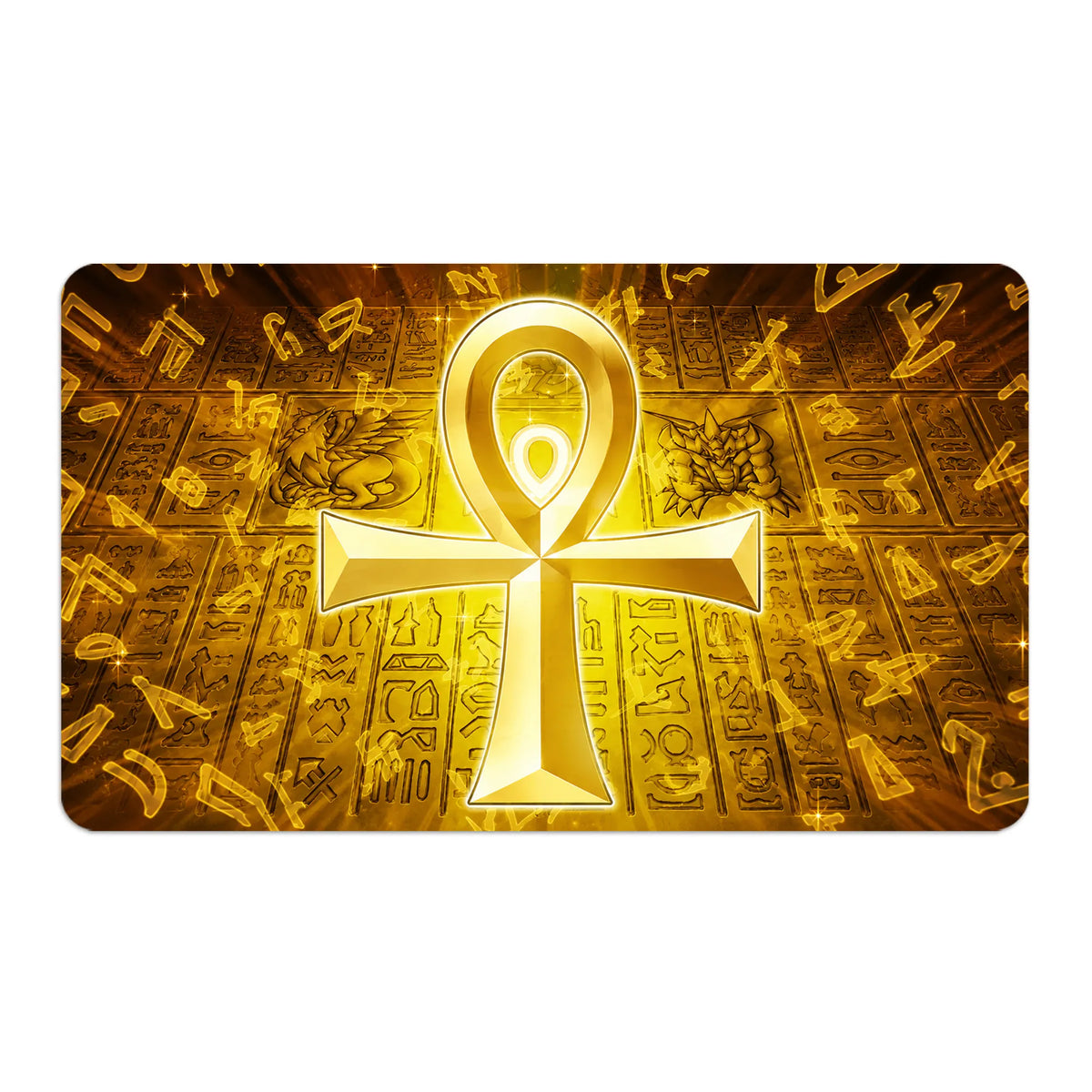 Transform your dueling experience with LDB Duel featuring our exclusive art Golden Ankh playmat! Featuring a soft cloth top for smooth card movement and a durable rubber back for a secure grip, this 24x14 inch mat is machine washable and safe for cards and sleeves. Ankh-yugioh-custom-artwork-premium-durable-rubber-ldb-duel
