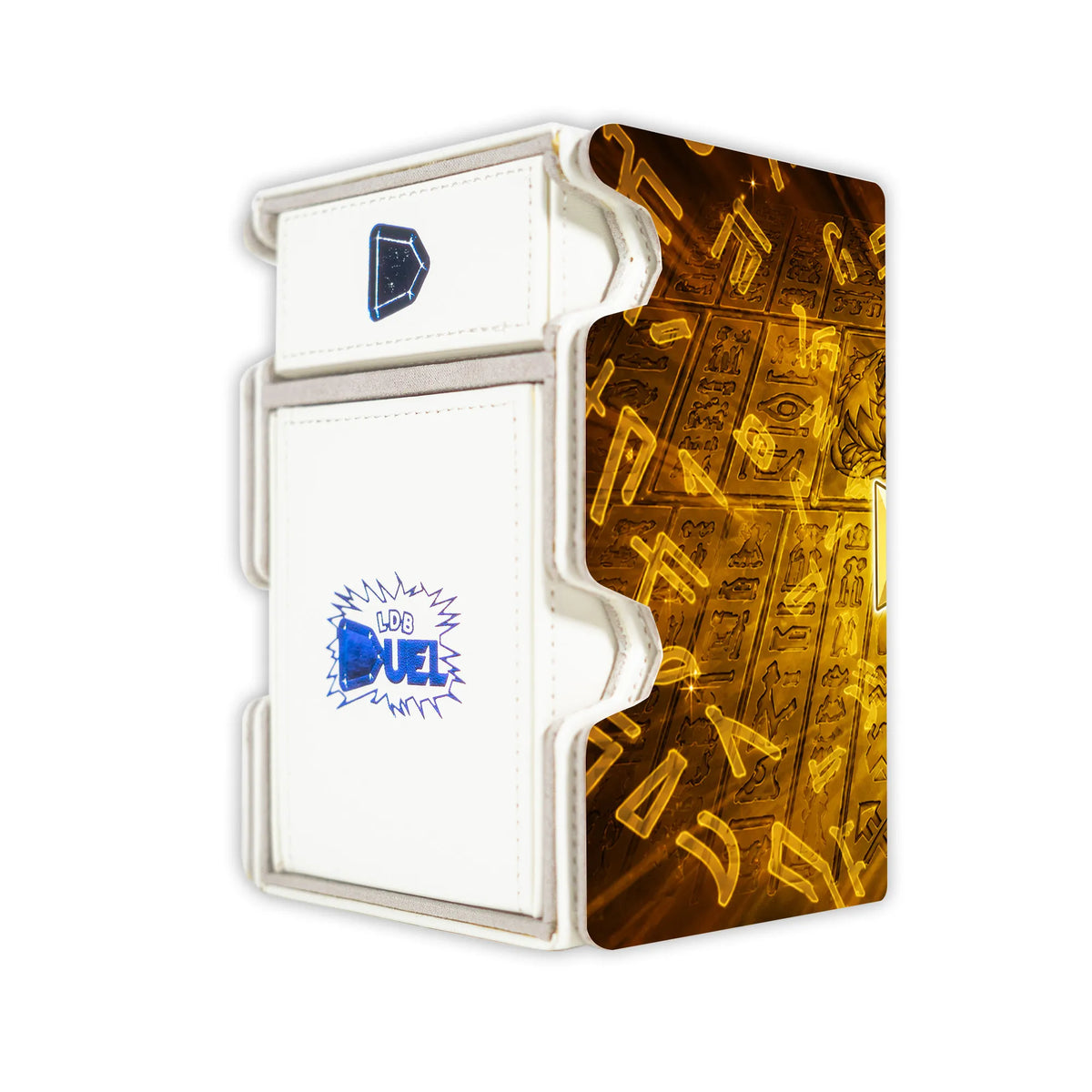 Here is the Right View of the Golden Ankh Mach 3 White Deck Box. Cross-yugioh-deck-tray-dice-tray-LDB-Duel