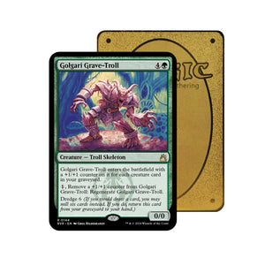 Level up your game with our custom-printed metal orica cards, featuring exclusive Golgari Grave‑Troll artwork in gold metal. Durable, scratch-resistant, and embossed with the iconic Yu-Gi-Oh! card back, these slim orica cards fit perfectly in card sleeves. Dredge-mtg-yugioh-pokemon-metal-card-embossed-design-custom-artwork-duel-accessories-ldb-duel