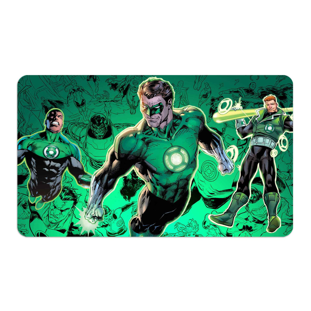 Transform your dueling experience with LDB Duel featuring our exclusive art Green Lantern, Emerald Knight playmat! Featuring a soft cloth top for smooth card movement and a durable rubber back for a secure grip, this 24x14 inch mat is machine washable and safe for cards and sleeves. John-Stewart-mtg-custom-artwork-premium-durable-rubber-ldb-duel
