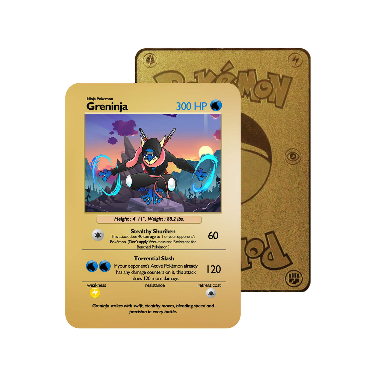 Level up your game with our custom-printed metal orica cards, featuring exclusive Greninja Pokémon artwork in gold metal. Durable, scratch-resistant, and embossed with the iconic Pokémon card back, these slim orica cards fit perfectly in card sleeves. Frogadier-pokemon-yugioh-mtg-metal-card-embossed-design-custom-artwork-duel-accessories-ldb-duel