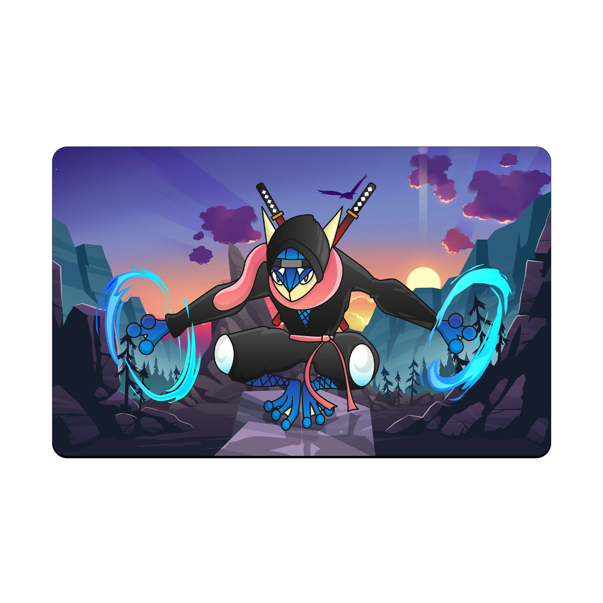 Transform your dueling experience with our exclusive art Greninja Pokémon playmat from LDB Duel! Featuring a soft cloth top for smooth card movement and a durable rubber back for a secure grip, this 24x14 inch mat is machine washable and safe for cards and sleeves. pidgeot-yugioh-mtg-pokemon-custom-artwork-premium-durable-rubber-ldb-duel