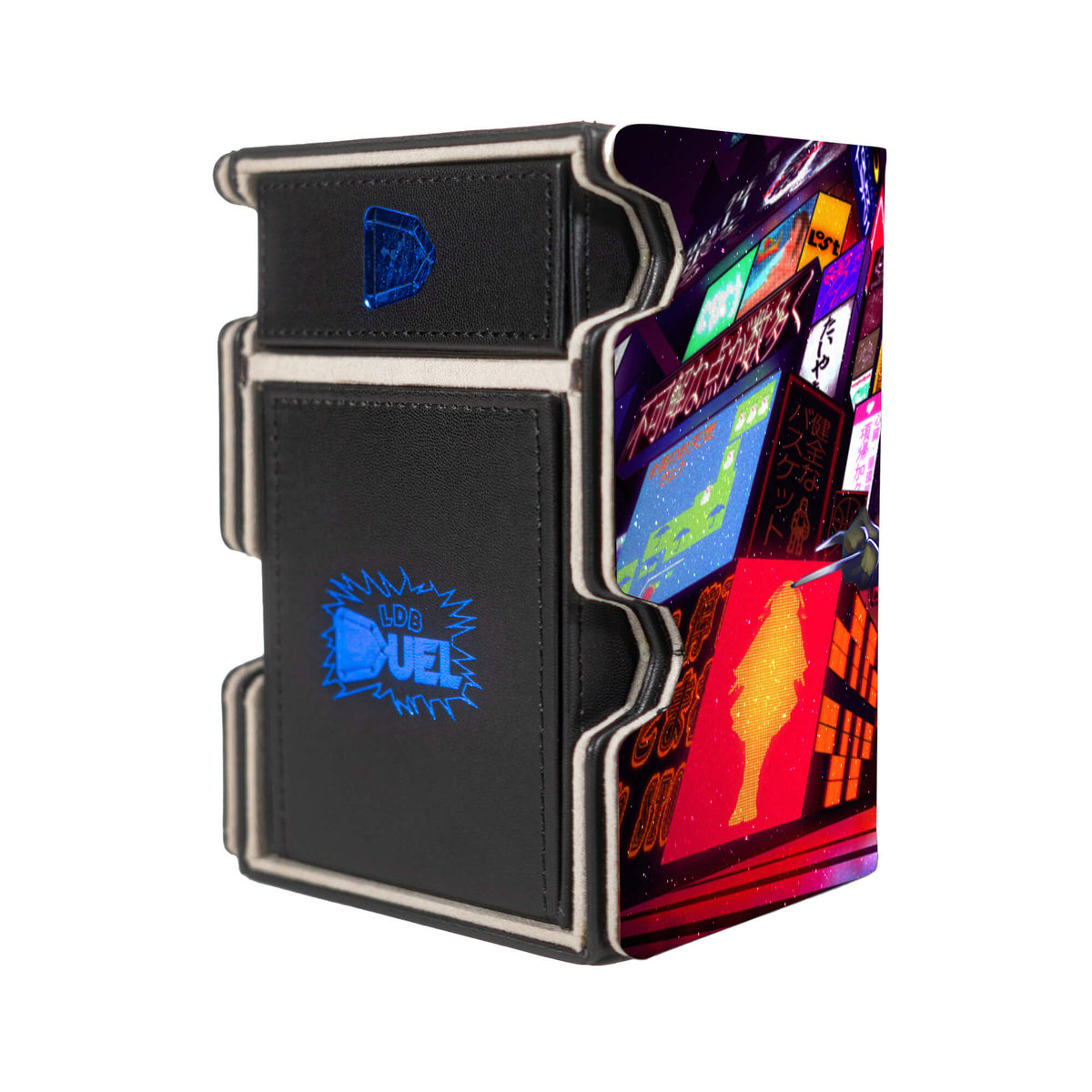 Here is the Right View of the Guardian of the Neon Streets Mach 3 Black Deck Box. Donatello-mtg-deck-tray-dice-tray-LDB-Duel