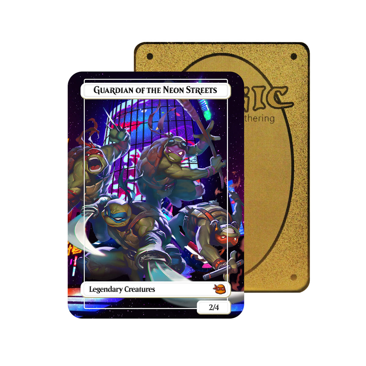 Level up your game with our custom-printed metal field centers, featuring exclusive Guardian of the Neon Streets artwork in gold metal. Durable, scratch-resistant, and embossed with the iconic Yu-Gi-Oh! card back, these slim field centers fit perfectly in card sleeves. Ninja-Turtles-mtg-yugioh-pokemon-metal-card-embossed-design-custom-artwork-duel-accessories-ldb-duel