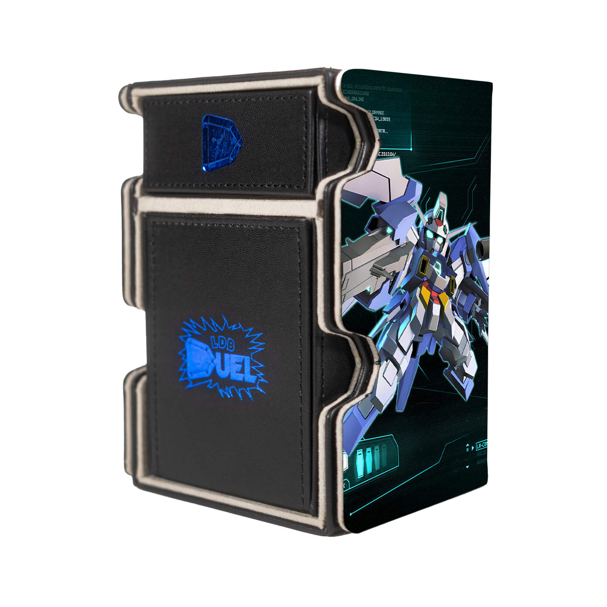 Here is the Right View of the Gundam Age SD Mach 3 Black Deck Box. Asemu-Asuno-mtg-deck-tray-dice-tray-LDB-Duel