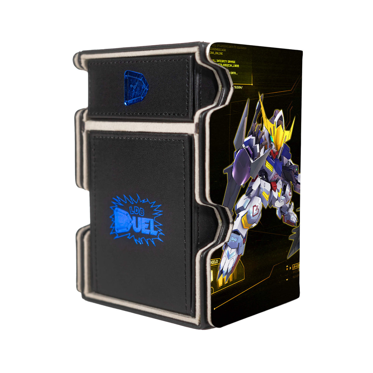 Here is the Right View of the Gundam Barbatos SD Mach 3 Black Deck Box. Mikazuki-Augus-mtg-deck-tray-dice-tray-LDB-Duel