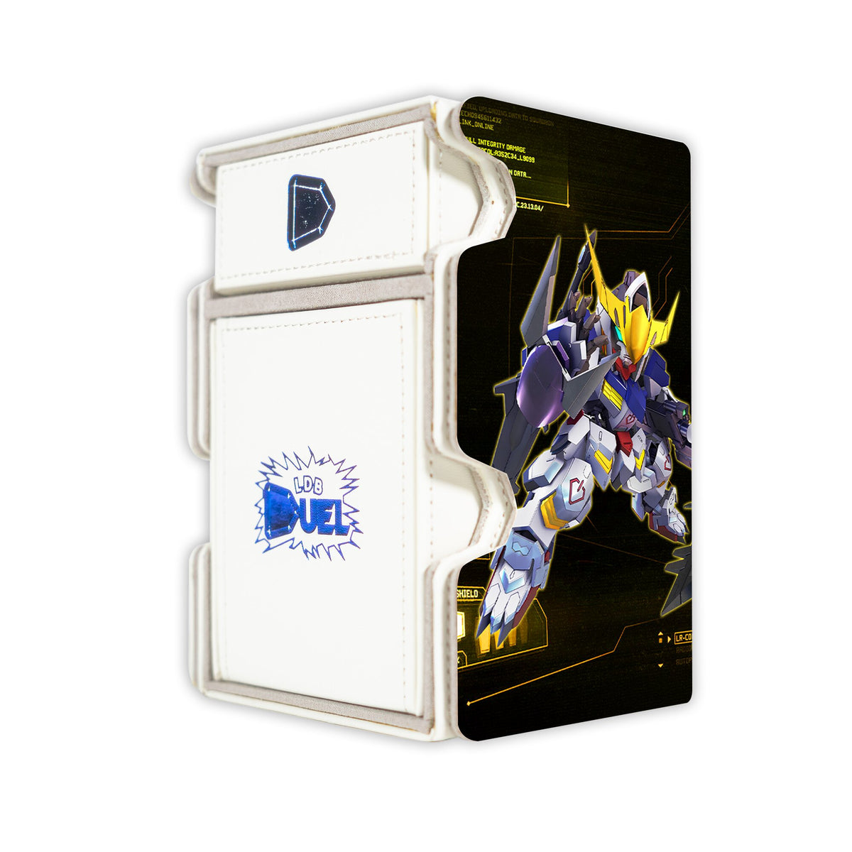 Here is the Right View of the Gundam Barbatos SD Mach 3 White Deck Box. Gauntlet-anime-deck-tray-dice-tray-LDB-Duel