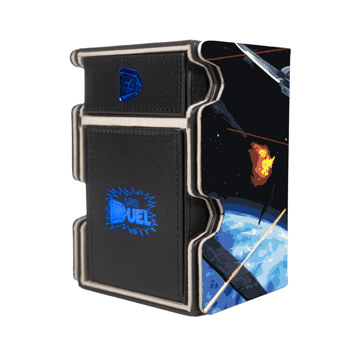 Here is the Right View of the Gundam Exia Mach 3 Black Deck Box. Setsuna-Seiei-mtg-deck-tray-dice-tray-LDB-Duel