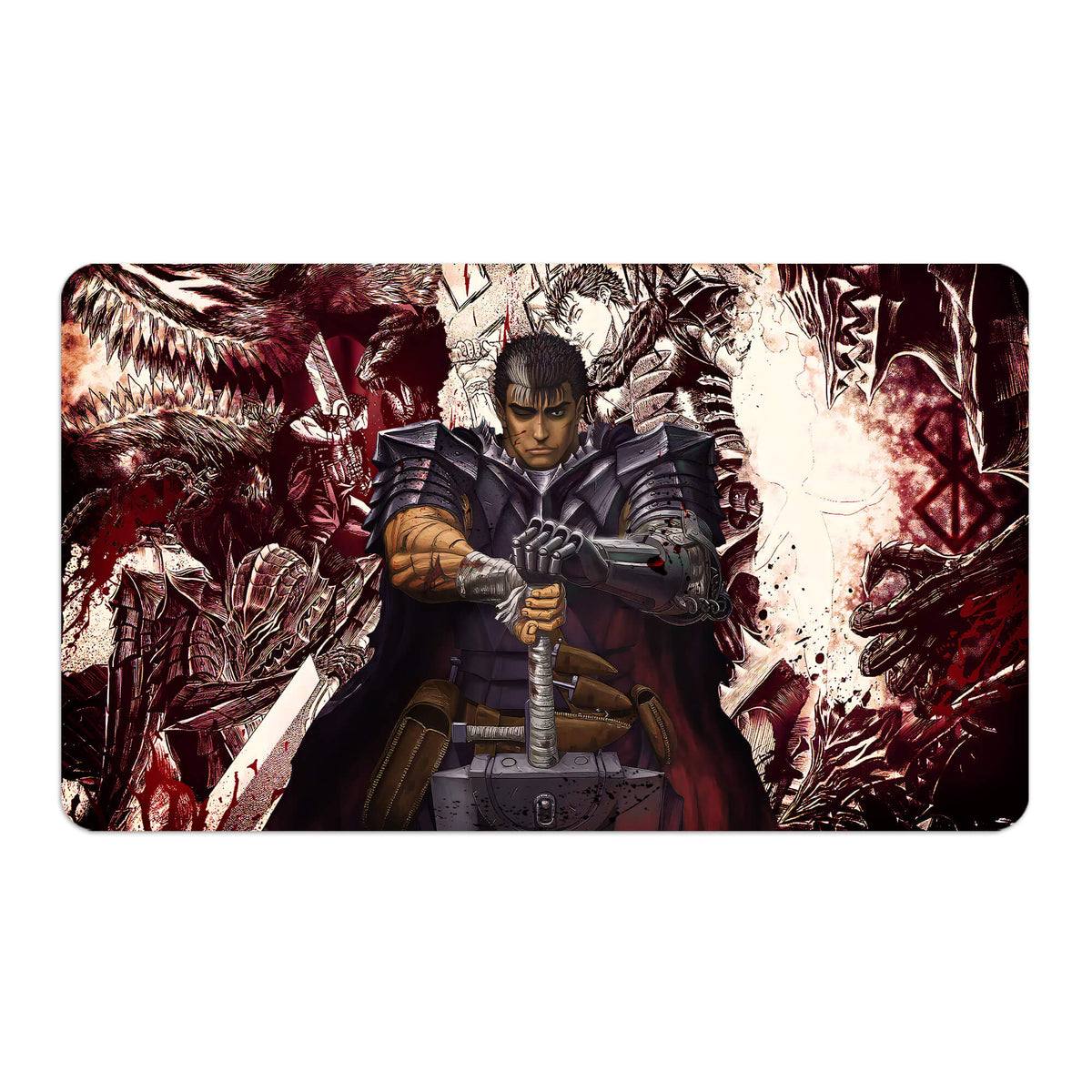 Transform your dueling experience with LDB Duel featuring our exclusive art Guts playmat! Featuring a soft cloth top for smooth card movement and a durable rubber back for a secure grip, this 24x14 inch mat is machine washable and safe for cards and sleeves. Berserk-anime-yugioh-mtg-pokemon-custom-artwork-premium-durable-rubber-ldb-duel