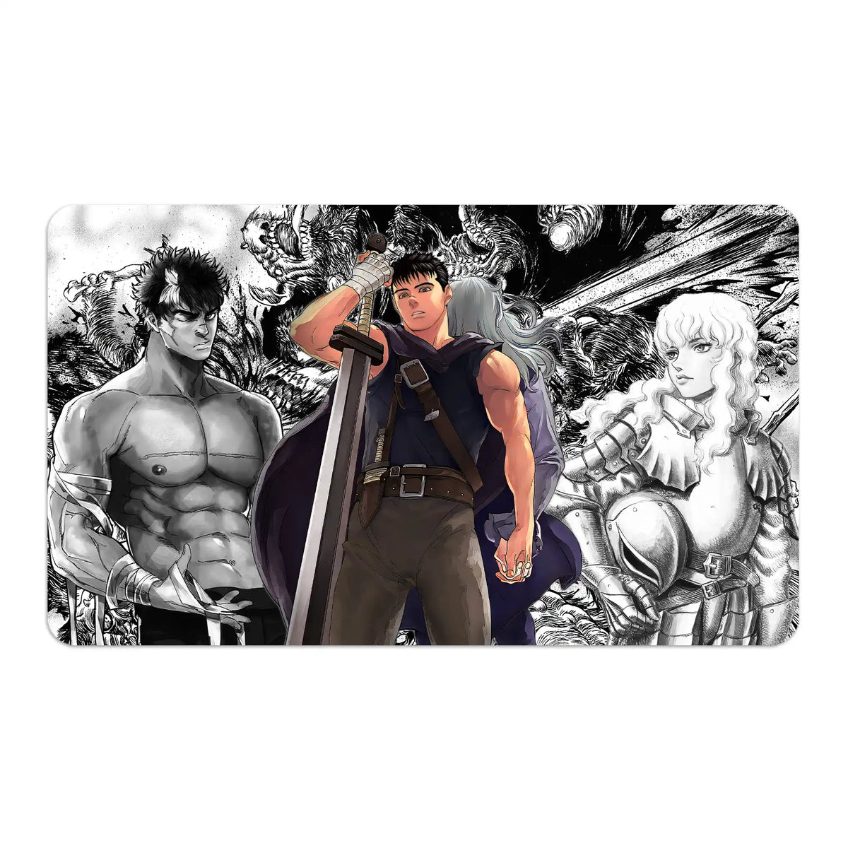 Transform your dueling experience with LDB Duel featuring our exclusive art Guts and Griffith playmat! Featuring a soft cloth top for smooth card movement and a durable rubber back for a secure grip, this 24x14 inch mat is machine washable and safe for cards and sleeves. Berserk-anime-custom-artwork-premium-durable-rubber-ldb-duel