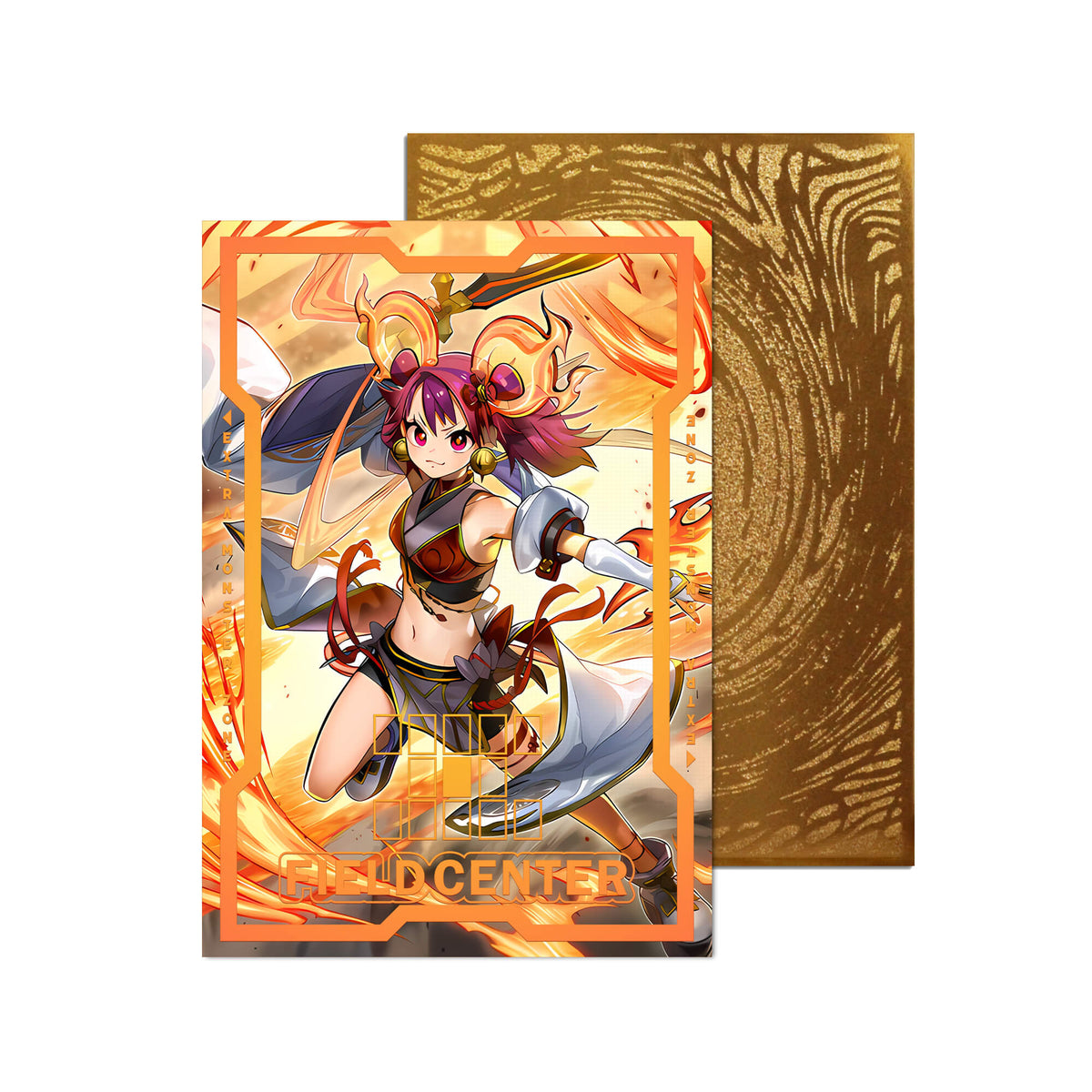 Level up your game with our custom-printed metal field centers, featuring exclusive Ha-Re the Sword Mikanko artwork in gold metal. Durable, scratch-resistant, and embossed with the iconic Yu-Gi-Oh! card back, these slim field centers fit perfectly in card sleeves. Mikanko-yugioh-mtg-pokemon-metal-card-embossed-design-custom-artwork-duel-accessories-ldb-duel