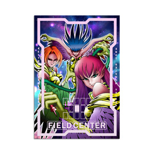 Level up your game with our custom-printed metal field centers, featuring exclusive Harpie Archetype artwork in gold metal. Durable, scratch-resistant, and embossed with the iconic Yu-Gi-Oh! card back, these slim field centers fit perfectly in card sleeves. Harpie-Queen-yugioh-mtg-pokemon-metal-card-embossed-design-custom-artwork-duel-accessories-ldb-duel