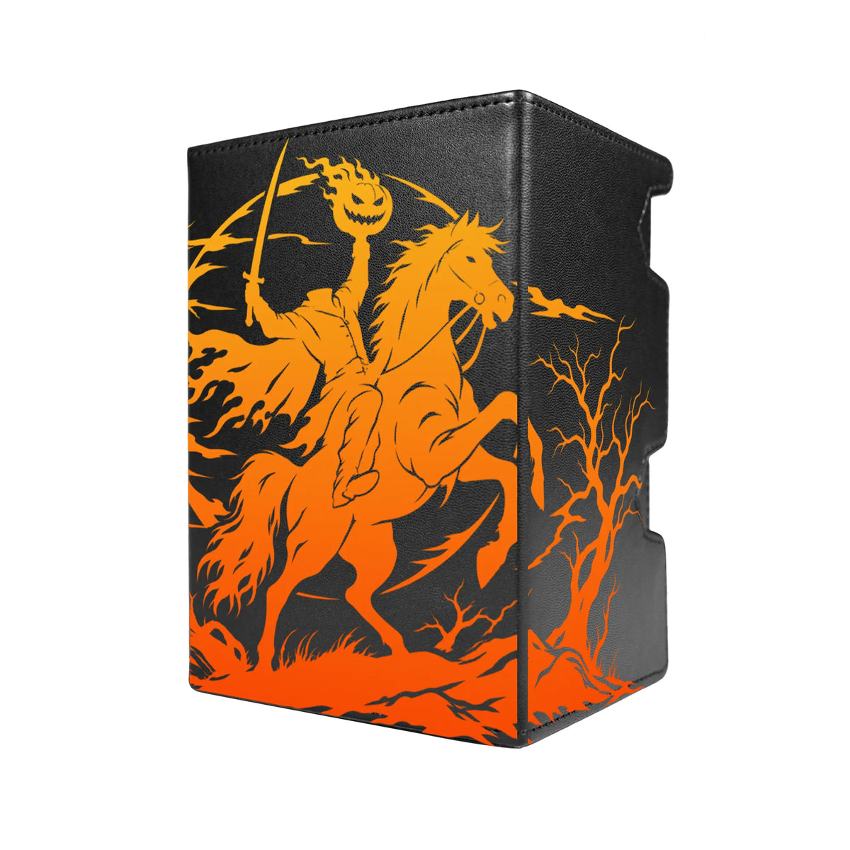 Here's another quality black deck box from LDB Duel featuring our exclusive Headless Horseman art. Fits all types of trading card games, including Pokémon, Yu-Gi-Oh! and Magic The Gathering. The perfect card holder for the TCG player safely holds up to 100 double-sleeved cards. EVEN in extra thick sleeves. Comes with a pull-out dice tray. Disney-anime-tcg-accessories-card-storage-LDB-Duel