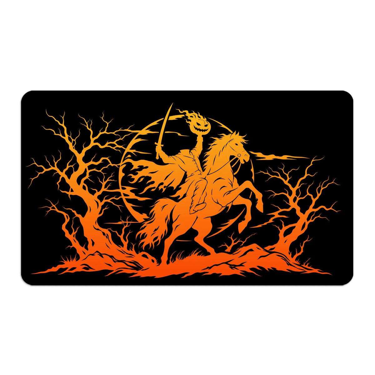 Transform your dueling experience with LDB Duel featuring our exclusive art Headless Horseman playmat! Featuring a soft cloth top for smooth card movement and a durable rubber back for a secure grip, this 24x14 inch mat is machine washable and safe for cards and sleeves. Disney-anime-custom-artwork-premium-durable-rubber-ldb-duel