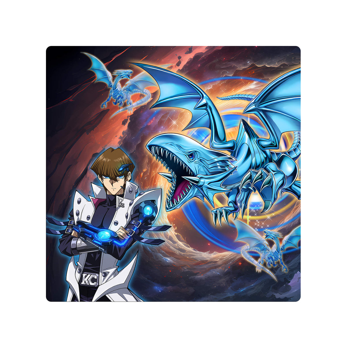 Upgrade your dueling game with LDB Duel featuring our exclusive Heart of the Blue Eyes double mat! Designed with a premium cloth surface for effortless card handling and a sturdy rubber base for maximum stability, this 24x24-inch mat offers both style and practicality. It's card and sleeve-friendly, plus machine washable for easy upkeep! Blue-Eyes-yugioh-mtg-pokemon-custom-artwork-premium-durable-rubber-ldb-duel