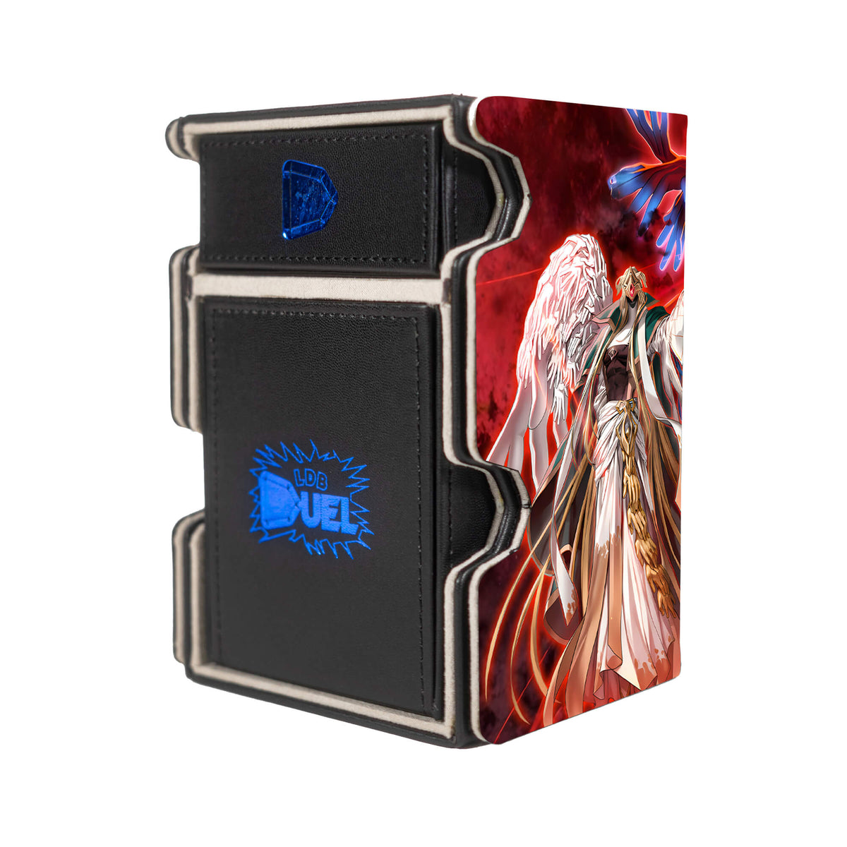 Here is the Right View of the Hecahands Archetype Mach 3 Black Deck Box. Goddus-yugioh-deck-tray-dice-tray-LDB-Duel