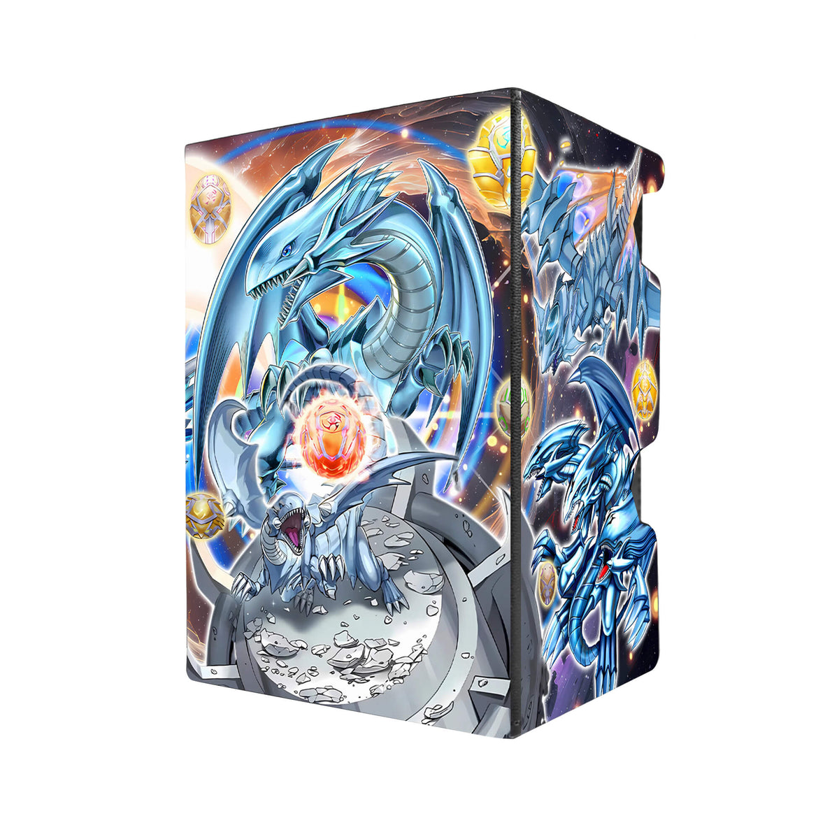 Here's another quality black deck box from LDB Duel featuring our exclusive Heratic Seals Blue Eyes White Dragon art. Fits all types of trading card games, including Pokémon, Yu-Gi-Oh! and Magic The Gathering. The perfect card holder for the TCG player safely holds up to 100 double-sleeved cards. EVEN in extra thick sleeves. Comes with a pull-out dice tray. Blue-Eyes-White-Dragon-yugioh-tcg-accessories-card-storage-LDB-Duel