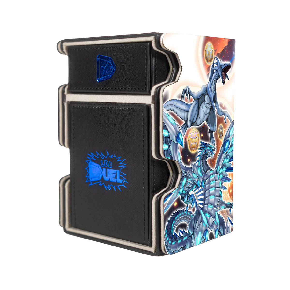 Here is the Right View of the Heratic Seals Blue Eyes White Dragon Mach 3 Black Deck Box. Kaibacorp-yugioh-deck-tray-dice-tray-LDB-Duel