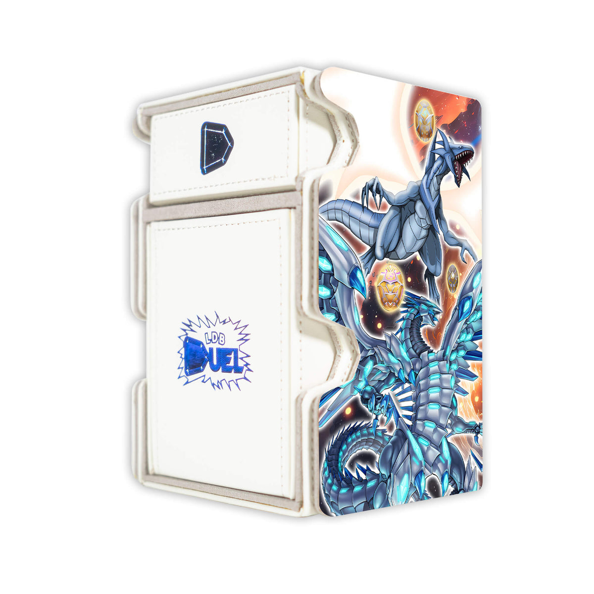 Here is the Right View of the Heratic Seals Blue Eyes White Dragon Mach 3 White Deck Box. Blue-Eyes-White-Dragon-yugioh-deck-tray-dice-tray-LDB-Duel